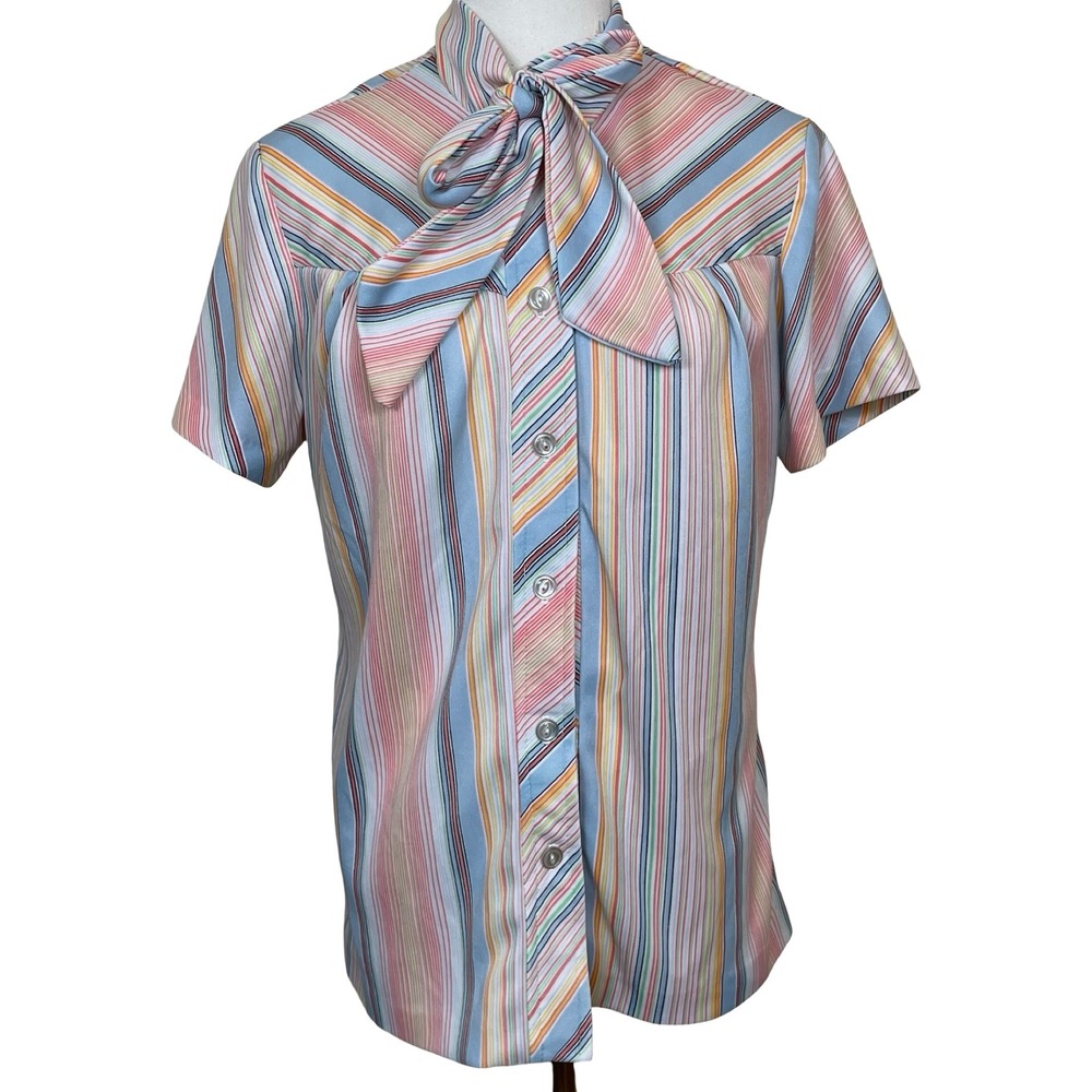 Vintage Rainbow Striped Bow Blouse Button Up Retro Top L 70s 80s Secretary‎